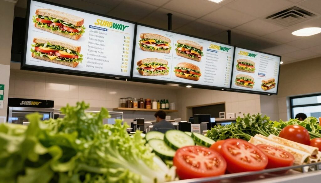 A beautifully arranged Subway menu board featuring various sandwich options with visible prices, set in a modern Subway restaurant. In the foreground, focus on a vibrant display of fresh ingredients like lettuce, tomatoes, and cucumbers, accentuating the freshness of the offerings. The middle layer should showcase the actual menu, with clear, appetizing pictures of sandwiches alongside their corresponding prices, designed in a visually appealing format. The background should include a cozy dining area with subtle lighting, creating an inviting atmosphere. Use a wide-angle lens perspective to capture the entire scene, ensuring details remain clear and enticing. The overall mood should feel welcoming, friendly, and appetizing, reflecting a casual dining experience. A beautifully arranged Subway menu board featuring various sandwich options with visible prices, set in a modern Subway restaurant. In the foreground, focus on a vibrant display of fresh ingredients like lettuce, tomatoes, and cucumbers, accentuating the freshness of the offerings. The middle layer should showcase the actual menu, with clear, appetizing pictures of sandwiches alongside their corresponding prices, designed in a visually appealing format. The background should include a cozy dining area with subtle lighting, creating an inviting atmosphere. Use a wide-angle lens perspective to capture the entire scene, ensuring details remain clear and enticing. The overall mood should feel welcoming, friendly, and appetizing, reflecting a casual dining experience.