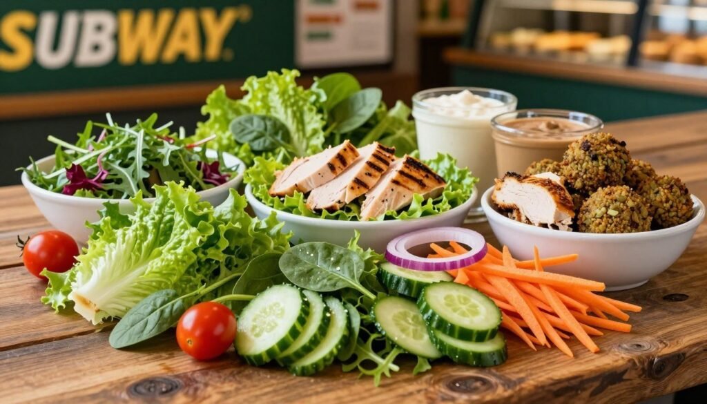 A bright, vibrant display of fresh Subway salad ingredients arranged artfully on a rustic wooden table. In the foreground, a variety of crisp greens such as romaine lettuce, spinach, and arugula, interspersed with colorful toppings like cherry tomatoes, cucumber slices, red onion rings, and shredded carrots. In the middle ground, bowls filled with protein options like grilled chicken, turkey, and falafel, alongside creamy dressings in glass containers. The background features a blurred hint of a Subway sandwich shop with warm, inviting lighting to create a cozy atmosphere. Soft focus on the edges enhances the freshness of the ingredients, while a slight overhead angle captures the variety and abundance, inviting viewers to customize their perfect salad. A bright, vibrant display of fresh Subway salad ingredients arranged artfully on a rustic wooden table. In the foreground, a variety of crisp greens such as romaine lettuce, spinach, and arugula, interspersed with colorful toppings like cherry tomatoes, cucumber slices, red onion rings, and shredded carrots. In the middle ground, bowls filled with protein options like grilled chicken, turkey, and falafel, alongside creamy dressings in glass containers. The background features a blurred hint of a Subway sandwich shop with warm, inviting lighting to create a cozy atmosphere. Soft focus on the edges enhances the freshness of the ingredients, while a slight overhead angle captures the variety and abundance, inviting viewers to customize their perfect salad.