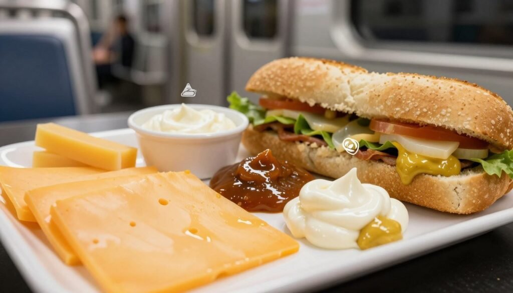 A close-up composition featuring various types of cheese, sauces, and condiments found in subway sandwiches, artistically arranged on a clean, white platter. The foreground highlights a creamy cheddar cheese slice, a drizzle of zesty chipotle sauce, and dollops of tangy mustard and mayonnaise, all glistening under soft, natural lighting. In the middle ground, various allergen icons (like peanuts, dairy, and gluten) are subtly integrated into the scene, illustrating potential allergens without being intrusive. The background is a blurred subway interior, with comfortable seating and ambient lighting, emphasizing the context of a subway dining experience. The overall mood is informative yet inviting, evoking curiosity about food choices while maintaining a professional aesthetic.