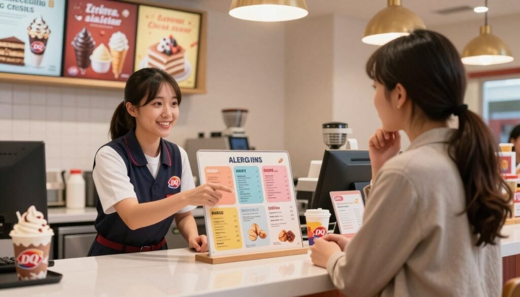 A cozy Dairy Queen interior featuring a welcoming ordering area. In the foreground, a friendly employee, dressed in a neat Dairy Queen uniform, attentively interacts with a customer, pointing to a colorful allergen menu displayed prominently on the counter. The customer, wearing casual, modest clothing, looks engaged and thoughtful. In the middle, the vibrant menu includes icons for common allergens like nuts, dairy, and gluten, designed clearly and colorfully for easy reading. Soft, warm lighting emanates from overhead fixtures, enhancing a relaxed, safe atmosphere. In the background, shelves filled with ice cream cakes and promotional posters showcase Dairy Queen’s classic treats, creating a cheerful, inviting environment, perfect for families. Overall, the scene conveys a sense of care and awareness for customers with food allergies. A cozy Dairy Queen interior featuring a welcoming ordering area. In the foreground, a friendly employee, dressed in a neat Dairy Queen uniform, attentively interacts with a customer, pointing to a colorful allergen menu displayed prominently on the counter. The customer, wearing casual, modest clothing, looks engaged and thoughtful. In the middle, the vibrant menu includes icons for common allergens like nuts, dairy, and gluten, designed clearly and colorfully for easy reading. Soft, warm lighting emanates from overhead fixtures, enhancing a relaxed, safe atmosphere. In the background, shelves filled with ice cream cakes and promotional posters showcase Dairy Queen’s classic treats, creating a cheerful, inviting environment, perfect for families. Overall, the scene conveys a sense of care and awareness for customers with food allergies.