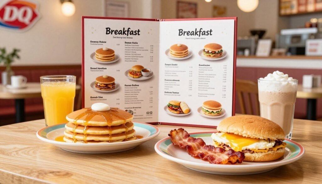 A tasteful and inviting display of Dairy Queen breakfast menu items arranged on a wooden table. In the foreground, showcase a colorful plate featuring fluffy pancakes drizzled with syrup, a crispy bacon strip, and a golden egg sandwich. Beside it, a frosty glass of orange juice catches the morning light. In the middle ground, display the full breakfast menu in an elegant and organized manner, with prices clearly visible under each dish. The background features a bright and airy Dairy Queen restaurant interior, adorned with warm lighting, soft hues, and inviting decor. Capture the scene at a slight overhead angle to enhance its appealing layout, creating a friendly and cheerful atmosphere that highlights the delightful breakfast options customers can enjoy. Focus on clarity, quality, and the appetizing visual appeal of the food.