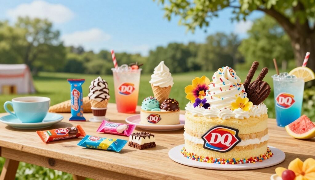 A vibrant display of Dairy Queen summer treats, focusing on an array of colorful cakes and novelties. In the foreground, showcase a beautifully decorated DQ ice cream cake topped with luscious whipped cream, sprinkles, and summer-themed decorations like edible flowers. Adjacent to the cake, feature an assortment of ice cream novelties in bright wrappers, including bars and cones adorned with chocolate drizzles. The middle ground presents a sunny outdoor picnic scene with a wooden table set with playful summer tableware and a chilled drink beside the treats. In the background, a clear blue sky and lush green trees create a cheerful atmosphere, symbolizing summer celebrations. Soft sunlight filters through, highlighting the textures of the desserts, while a shallow depth of field focuses on the treats, creating a warm and inviting mood perfect for summer gatherings. A vibrant display of Dairy Queen summer treats, focusing on an array of colorful cakes and novelties. In the foreground, showcase a beautifully decorated DQ ice cream cake topped with luscious whipped cream, sprinkles, and summer-themed decorations like edible flowers. Adjacent to the cake, feature an assortment of ice cream novelties in bright wrappers, including bars and cones adorned with chocolate drizzles. The middle ground presents a sunny outdoor picnic scene with a wooden table set with playful summer tableware and a chilled drink beside the treats. In the background, a clear blue sky and lush green trees create a cheerful atmosphere, symbolizing summer celebrations. Soft sunlight filters through, highlighting the textures of the desserts, while a shallow depth of field focuses on the treats, creating a warm and inviting mood perfect for summer gatherings.