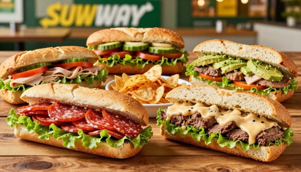 A vibrant display of Subway Premium Sandwiches, artfully arranged on a rustic wooden table. In the foreground, a mouthwatering assortment of sandwiches showcasing fresh ingredients: a spicy Italian filled with layers of pepperoni and salami, a classic turkey avocado with vibrant green lettuce, and a hearty steak and cheese drizzled with zesty sauce, all on freshly baked bread. In the middle, a side of crispy baked chips and a colorful selection of fresh vegetables, enhancing the meal experience. The background features a softly blurred Subway restaurant interior with warm lighting creating an inviting atmosphere. The scene captures the essence of a satisfying meal, evoking feelings of excitement and hunger. The camera angle is slightly overhead, giving depth and prominence to the delicious sandwiches while maintaining a clean, appetizing aesthetic. A vibrant display of Subway Premium Sandwiches, artfully arranged on a rustic wooden table. In the foreground, a mouthwatering assortment of sandwiches showcasing fresh ingredients: a spicy Italian filled with layers of pepperoni and salami, a classic turkey avocado with vibrant green lettuce, and a hearty steak and cheese drizzled with zesty sauce, all on freshly baked bread. In the middle, a side of crispy baked chips and a colorful selection of fresh vegetables, enhancing the meal experience. The background features a softly blurred Subway restaurant interior with warm lighting creating an inviting atmosphere. The scene captures the essence of a satisfying meal, evoking feelings of excitement and hunger. The camera angle is slightly overhead, giving depth and prominence to the delicious sandwiches while maintaining a clean, appetizing aesthetic.