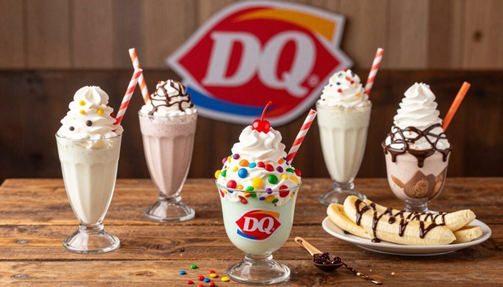 A vibrant, enticing display of Dairy Queen secret menu ice cream treats set on a rustic wooden table. In the foreground, a colorful assortment of unique sundaes, including a Blizzard with bright candy pieces, topped with whipped cream and cherry, alongside a classic banana split drizzled with chocolate syrup. In the middle ground, a couple of creative milkshakes in retro glasses, showcasing a mix of flavors with colorful straws. The background features the Dairy Queen logo subtly blurred. Soft, warm lighting creates an inviting ambiance, enhancing the creamy textures and vibrant colors of the treats. The image should evoke a fun, nostalgic atmosphere, reminiscent of summer, capturing the hidden delights that await eager customers. A vibrant, enticing display of Dairy Queen secret menu ice cream treats set on a rustic wooden table. In the foreground, a colorful assortment of unique sundaes, including a Blizzard with bright candy pieces, topped with whipped cream and cherry, alongside a classic banana split drizzled with chocolate syrup. In the middle ground, a couple of creative milkshakes in retro glasses, showcasing a mix of flavors with colorful straws. The background features the Dairy Queen logo subtly blurred. Soft, warm lighting creates an inviting ambiance, enhancing the creamy textures and vibrant colors of the treats. The image should evoke a fun, nostalgic atmosphere, reminiscent of summer, capturing the hidden delights that await eager customers.