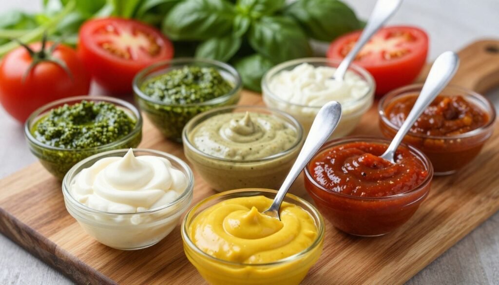 A vibrant overhead view of a variety of Subway sauce toppings beautifully arranged on a wooden serving board. In the foreground, focus on a small bowl of creamy mayonnaise, bright yellow mustard, and zesty chipotle sauce, each with a spoon for serving. The middle ground features assorted toppings including fresh basil pesto and sweet onion sauce in sleek glass containers. In the background, a blurred backdrop of fresh veggies like sliced tomatoes and leafy greens adds color and context. Soft, natural light gently illuminates the scene, creating a warm and inviting atmosphere. The overall composition should feel fresh and appetizing, highlighting the diversity of flavors that can enhance a delicious sub sandwich.