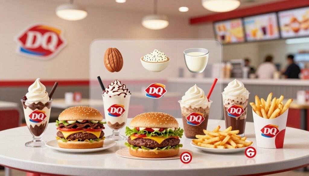 A visually appealing table setting featuring an array of Dairy Queen seasonal menu items, artistically arranged to highlight food allergies. In the foreground, display a colorful selection of iconic Dairy Queen items such as ice cream sundaes, burgers, and fries, with allergy indicators next to each dish. In the middle, a transparent overlay subtly shows allergen symbols—like nuts, gluten, and dairy—above the dishes. The background should depict a clean, inviting Dairy Queen restaurant interior, with soft lighting creating a warm atmosphere. Use a wide-angle lens to capture the entire scene while ensuring all elements are in focus. The mood is informative yet inviting, aimed at reassuring customers about safe dining options. A visually appealing table setting featuring an array of Dairy Queen seasonal menu items, artistically arranged to highlight food allergies. In the foreground, display a colorful selection of iconic Dairy Queen items such as ice cream sundaes, burgers, and fries, with allergy indicators next to each dish. In the middle, a transparent overlay subtly shows allergen symbols—like nuts, gluten, and dairy—above the dishes. The background should depict a clean, inviting Dairy Queen restaurant interior, with soft lighting creating a warm atmosphere. Use a wide-angle lens to capture the entire scene while ensuring all elements are in focus. The mood is informative yet inviting, aimed at reassuring customers about safe dining options.