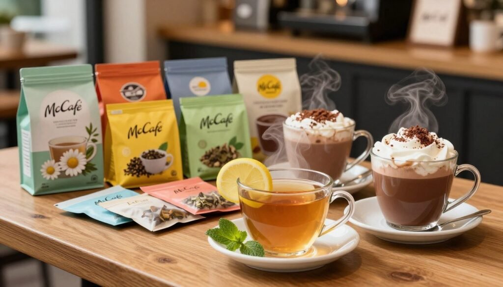 A beautifully arranged McCafe tea display, focusing on various tea options and hot chocolate. In the foreground, a steaming cup of herbal tea sits on a wooden table, garnished with a slice of lemon and a sprig of mint. Next to it, a rich hot chocolate topped with whipped cream and a sprinkle of cocoa powder. In the middle ground, an assortment of McCafe tea bags are elegantly spread out, showcasing vibrant packaging with flavors like chamomile, green tea, and chai. The background features a soft-focus view of a cozy coffee shop environment, with warm lighting illuminating the scene, creating a welcoming atmosphere. The image should evoke a sense of comfort and indulgence, taken with a 50mm lens at a slight angle to add depth. A beautifully arranged McCafe tea display, focusing on various tea options and hot chocolate. In the foreground, a steaming cup of herbal tea sits on a wooden table, garnished with a slice of lemon and a sprig of mint. Next to it, a rich hot chocolate topped with whipped cream and a sprinkle of cocoa powder. In the middle ground, an assortment of McCafe tea bags are elegantly spread out, showcasing vibrant packaging with flavors like chamomile, green tea, and chai. The background features a soft-focus view of a cozy coffee shop environment, with warm lighting illuminating the scene, creating a welcoming atmosphere. The image should evoke a sense of comfort and indulgence, taken with a 50mm lens at a slight angle to add depth.