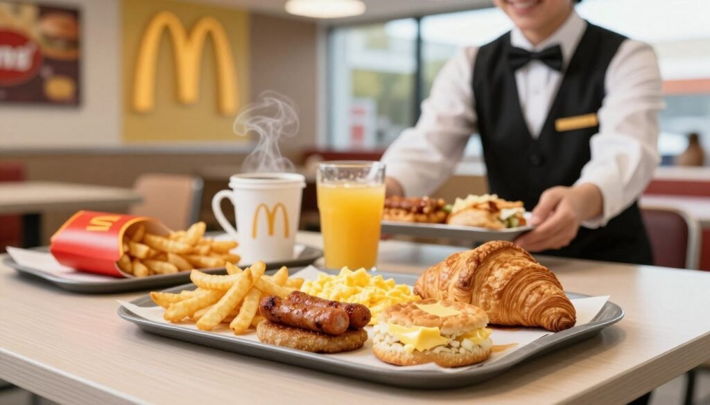 A beautifully arranged McDonald's breakfast platter featuring golden hash browns, fluffy scrambled eggs, and a crispy sausage patty, alongside a buttery biscuit and a warm, flaky croissant. The platters should be set on a bright, clean table with subtle wooden textures in the foreground, emphasizing the food's appealing colors. In the middle ground, a steaming cup of hot coffee and an orange juice glass add a refreshing touch, while a friendly, smiling server in smart casual attire offers the platters in a welcoming atmosphere. The background includes a softly blurred McDonald's restaurant interior with cheerful decor and natural lighting streaming through the windows, creating an inviting breakfast scene. The mood is warm and cheerful, inviting viewers to indulge in these tasty choices.