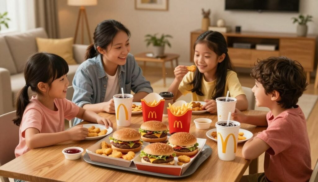 A beautifully arranged McDonald's family meal deal spread on a wooden dining table. In the foreground, a large family box filled with crispy chicken nuggets, juicy burgers, golden fries, and refreshing drinks, with a side of dipping sauces. The middle ground features a happy family of four enjoying the meal, dressed in cheerful casual clothing, smiling and interacting, with plates and cups in hand. The background reveals a cozy living room setting, softly lit by warm, inviting golden light, creating a homely atmosphere. The camera angle is slightly elevated, capturing the essence of sharing food together as a family. The image evokes warmth, togetherness, and the joy of enjoying McDonald's offerings. A beautifully arranged McDonald's family meal deal spread on a wooden dining table. In the foreground, a large family box filled with crispy chicken nuggets, juicy burgers, golden fries, and refreshing drinks, with a side of dipping sauces. The middle ground features a happy family of four enjoying the meal, dressed in cheerful casual clothing, smiling and interacting, with plates and cups in hand. The background reveals a cozy living room setting, softly lit by warm, inviting golden light, creating a homely atmosphere. The camera angle is slightly elevated, capturing the essence of sharing food together as a family. The image evokes warmth, togetherness, and the joy of enjoying McDonald's offerings.