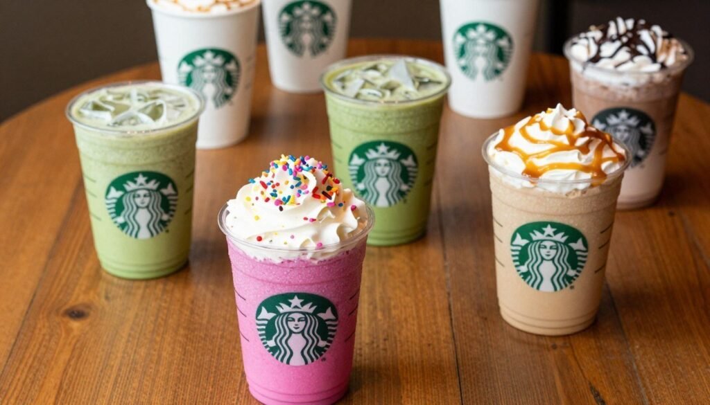 A beautifully arranged flat lay of various colorful Starbucks secret menu drinks on a rustic wooden table. In the foreground, highlight a vibrant pink drink topped with whipped cream and colorful sprinkles, alongside a creamy caramel drink with a drizzle of caramel sauce. In the middle ground, include a light green matcha-based beverage and a cup of refreshing zebra hot chocolate. The background features blurred Starbucks cups and iconic logos subtly out of focus, creating a cozy café atmosphere. Soft, warm lighting casts gentle shadows, enhancing the inviting feel of the scene. The angle should capture the drinks from above, emphasizing their enticing colors and textures, inviting the viewer to explore the unique flavors of the secret menu. A beautifully arranged flat lay of various colorful Starbucks secret menu drinks on a rustic wooden table. In the foreground, highlight a vibrant pink drink topped with whipped cream and colorful sprinkles, alongside a creamy caramel drink with a drizzle of caramel sauce. In the middle ground, include a light green matcha-based beverage and a cup of refreshing zebra hot chocolate. The background features blurred Starbucks cups and iconic logos subtly out of focus, creating a cozy café atmosphere. Soft, warm lighting casts gentle shadows, enhancing the inviting feel of the scene. The angle should capture the drinks from above, emphasizing their enticing colors and textures, inviting the viewer to explore the unique flavors of the secret menu.