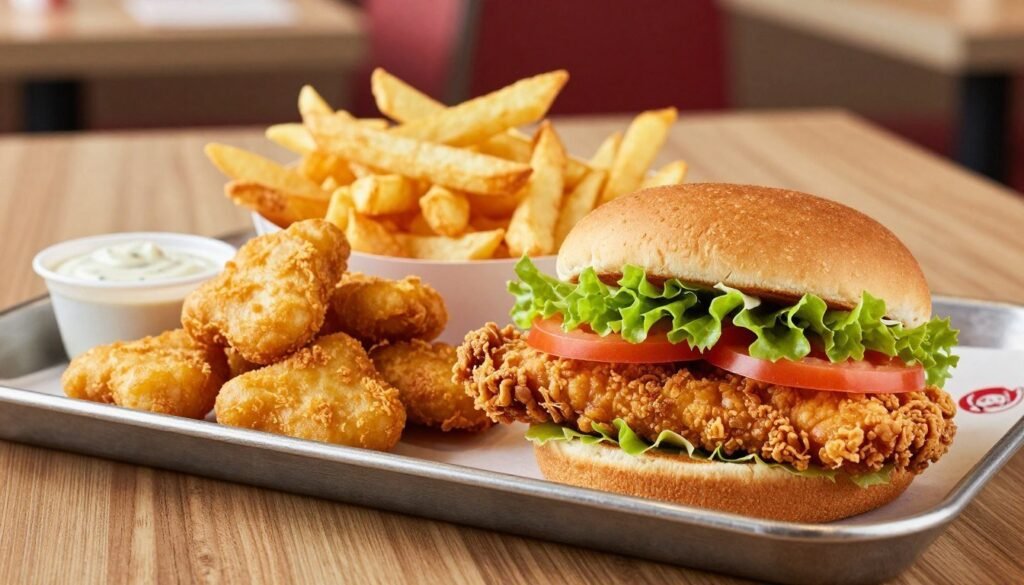 A beautifully arranged platter showcasing Wendy's chicken options for lunch. In the foreground, feature a crispy chicken sandwich with fresh lettuce and tomato peeking out, alongside a portion of perfectly fried chicken nuggets, golden and appetizing. In the middle ground, include a side of crispy fries and a small dipping sauce cup, enhancing the meal's appeal. The background should display a subtle hint of a cozy Wendy's restaurant environment, with wooden tables and soft, natural lighting creating a warm atmosphere. The scene is shot from a slightly elevated angle to highlight the textures and colors of the food, inviting viewers to indulge in a delicious midday meal.