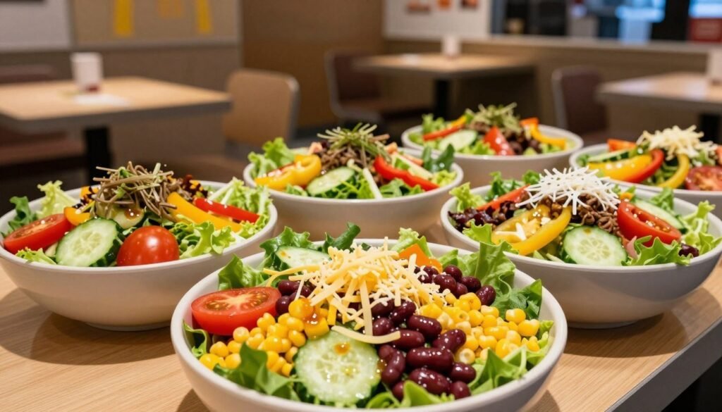 A beautifully arranged selection of vegetarian salads available at McDonald's, featuring fresh ingredients like vibrant greens, ripe tomatoes, crunchy cucumbers, and colorful bell peppers. The foreground highlights a large salad bowl brimming with a variety of toppings, including beans, corn, and a sprinkle of cheese, all drizzled with a light vinaigrette. In the middle, several smaller bowls showcase individual salad options, aesthetically plated and inviting. The background captures a cozy McDonald's interior, softly lit with warm lighting, adding to the inviting atmosphere. The image is taken from a slightly elevated angle, emphasizing the salads while giving a glimpse of the restaurant ambiance. The mood is fresh, lively, and appealing, perfect for showcasing meatless lunch and dinner choices.