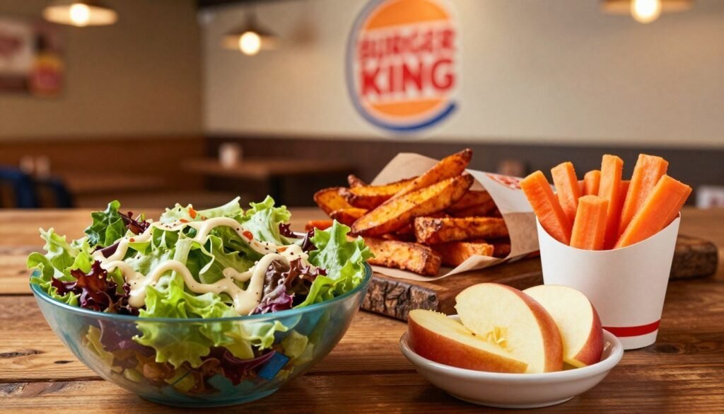 A beautifully arranged table featuring a selection of Burger King's healthy side dishes. In the foreground, a colorful bowl of fresh garden salad topped with vinaigrette, a small serving of apple slices, and a cup of carrot sticks. The middle ground shows a portion of crispy, baked sweet potato fries, neatly placed on a rustic wooden surface. The background is softly blurred, revealing the friendly environment of a Burger King restaurant, with warm lighting that highlights the freshness of the food. The atmosphere is inviting and wholesome, encouraging customers to choose nutritious options. The angle is slightly overhead for a dynamic view, with a focus on the vibrant colors and textures of the dishes, emphasizing health and vitality.