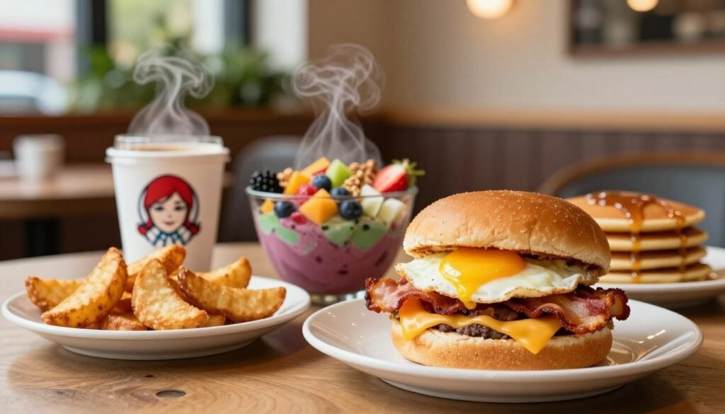 A beautifully arranged table featuring a variety of Wendy's breakfast options. In the foreground, a fluffy breakfast sandwich with a perfectly cooked egg, crispy bacon, and melted cheese peeking out from a toasted bun. Next to it, a side of golden, crispy potato wedges and a refreshing coffee cup with steam rising. In the middle, a vibrant, colorful smoothie bowl topped with fresh fruits and granola, while a small stack of delicious pancakes drizzled with syrup sits nearby. The background features a cozy restaurant atmosphere with warm lighting, soft-focus greenery, and wooden accents. Capture the mood of a relaxed morning with inviting textures and appetizing colors, shot with a shallow depth of field to emphasize the food.