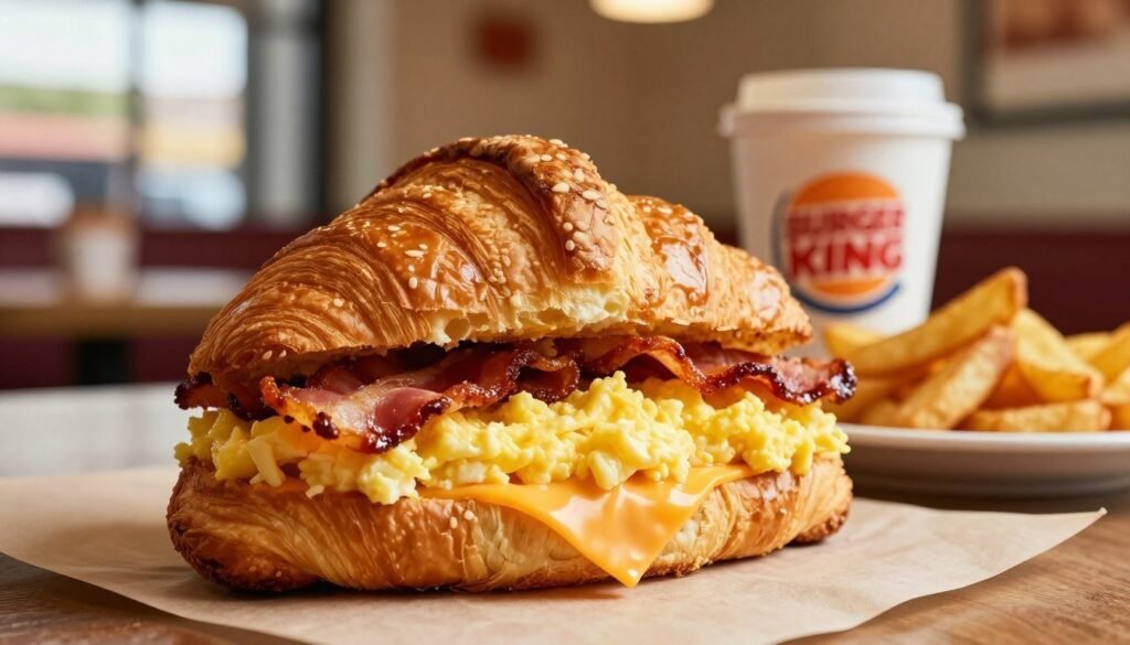 A beautifully crafted Burger King Croissan'wich prominently displayed in the foreground, showcasing layers of flaky, golden-brown croissant bread. The sandwich is filled with a fluffy scrambled egg, crispy bacon, and a slice of melted cheddar cheese, all glistening with freshness. The middle ground features a softly focused cup of coffee and a side of hash browns, enhancing the breakfast theme. In the background, a warm, inviting restaurant setting with soft, natural lighting streaming through large windows, casting a cozy glow over the scene. The angle captures the sandwich from a slightly elevated perspective, emphasizing its delicious layers. The mood is inviting and appetizing, perfect for breakfast lovers. A beautifully crafted Burger King Croissan'wich prominently displayed in the foreground, showcasing layers of flaky, golden-brown croissant bread. The sandwich is filled with a fluffy scrambled egg, crispy bacon, and a slice of melted cheddar cheese, all glistening with freshness. The middle ground features a softly focused cup of coffee and a side of hash browns, enhancing the breakfast theme. In the background, a warm, inviting restaurant setting with soft, natural lighting streaming through large windows, casting a cozy glow over the scene. The angle captures the sandwich from a slightly elevated perspective, emphasizing its delicious layers. The mood is inviting and appetizing, perfect for breakfast lovers.