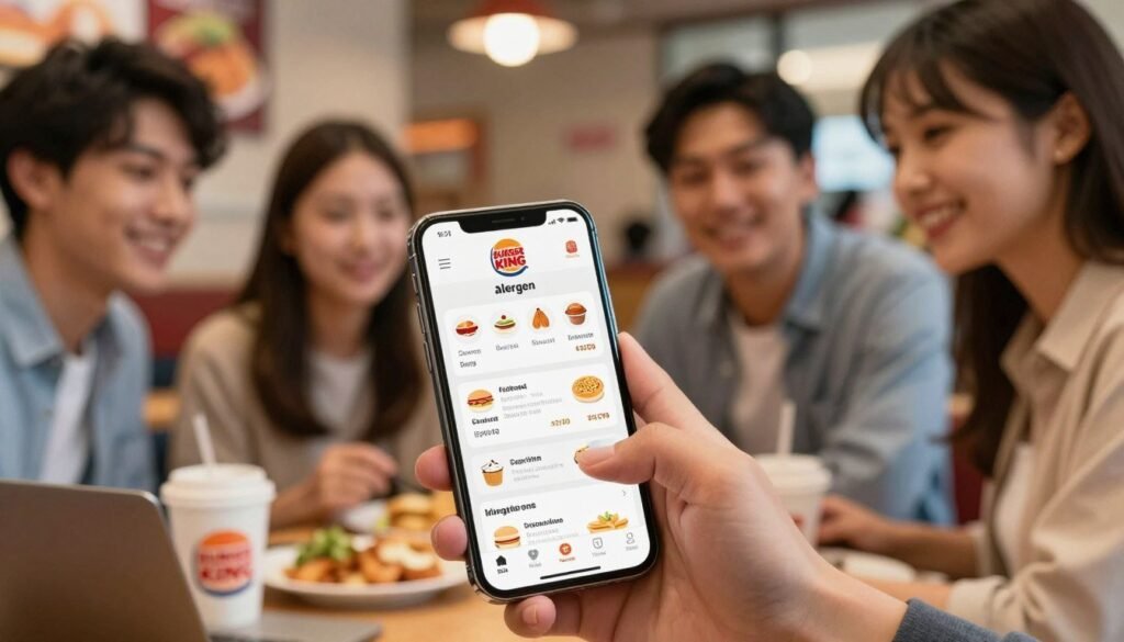 A close-up view of a modern mobile phone displaying the Burger King allergen menu app interface. The screen features a user-friendly layout with vibrant icons and detailed allergen information for various menu items, all set against a softly blurred restaurant background. In the foreground, a diverse group of young adults in professional casual clothing is actively engaged with the app, pointing at the screen and discussing options, conveying a sense of collaboration and safety in dining choices. The lighting is warm and inviting, highlighting the phone's display while softly illuminating the faces of the users. The mood is focused and informative, evoking a sense of empowerment in making informed food choices. A close-up view of a modern mobile phone displaying the Burger King allergen menu app interface. The screen features a user-friendly layout with vibrant icons and detailed allergen information for various menu items, all set against a softly blurred restaurant background. In the foreground, a diverse group of young adults in professional casual clothing is actively engaged with the app, pointing at the screen and discussing options, conveying a sense of collaboration and safety in dining choices. The lighting is warm and inviting, highlighting the phone's display while softly illuminating the faces of the users. The mood is focused and informative, evoking a sense of empowerment in making informed food choices.