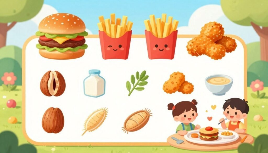 A colorful and engaging illustration of allergen information specifically designed for a kids' menu, featuring food items like burgers, fries, and chicken nuggets, displayed against a cheerful background. The foreground includes cute cartoon-style icons representing common allergens such as nuts, dairy, gluten, and soy, alongside friendly illustrations of kids happily enjoying the meals. In the middle, there’s a vibrant layout showcasing the allergen symbols in a child-friendly manner, encouraging awareness and safety. The background is filled with a sunny, playful landscape, creating an inviting atmosphere. The image is well-lit with soft, warm tones, capturing a joyful and safe dining environment, aiming to resonate with both parents and children.