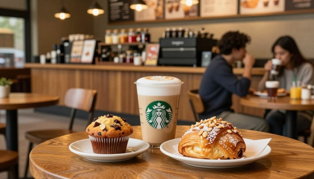 A cozy Starbucks café interior showcasing a table with a selection of nut-free food and beverages. In the foreground, a beautifully arranged display of a tall, creamy vanilla latte with foam art, paired with a delectable almond-free pastry such as a chocolate chip muffin and a fruit cup. In the middle, the warm ambiance of the café, featuring rustic wooden furniture, soft lighting, and patrons enjoying their drinks in modest casual clothing. The background reveals a vibrant coffee counter with jars of syrups and various coffee brewing equipment, all bathed in inviting golden hues from overhead lights. The overall mood is welcoming and friendly, perfect for highlighting safe choices for those with nut allergies. Focus on clear details and a soothing atmosphere that resonates with dietary awareness.