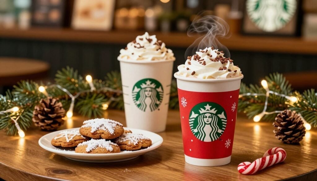 A cozy winter scene featuring a beautifully arranged table of Starbucks winter menu favorites. In the foreground, a steaming red holiday cup of peppermint mocha sits next to a festive plate of gingerbread cookies, dusted with powdered sugar. In the middle ground, a frothy white hot chocolate, topped with whipped cream and chocolate shavings, adds to the warmth of the image. Surrounding the drinks, twinkling fairy lights and pine cones create a charming holiday atmosphere. The background features a softly blurred Starbucks café interior, with warm ambient lighting casting a golden glow, enhancing the inviting vibe. The composition should have a warm color palette of reds, greens, and browns, evoking a cozy and festive feeling, perfect for winter.