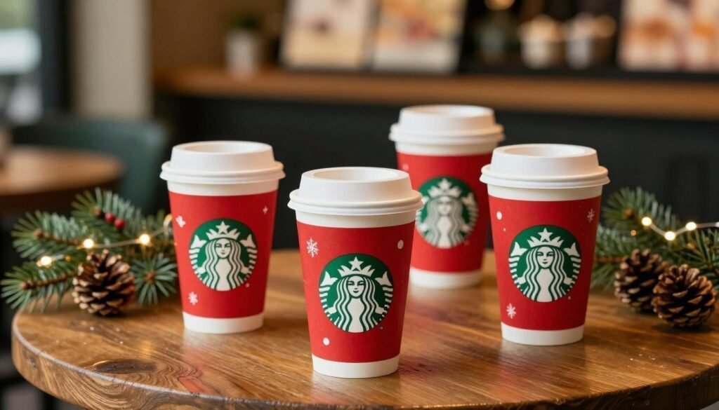 A cozy winter scene showcasing a collection of Starbucks holiday cups, beautifully arranged on a rustic wooden table. The foreground features three distinct holiday cups, each adorned with unique festive designs, showcasing vibrant reds, greens, and gold accents. In the middle ground, a soft-focus background reveals a warm coffee shop ambiance, with subtle twinkling lights and hints of seasonal decorations like evergreen branches and pine cones. The lighting is warm and inviting, capturing the essence of winter comfort. Aim for a depth of field effect to emphasize the cups while creating a soft blur in the background, evoking a sense of nostalgia and cheer. The overall mood should feel warm, seasonal, and inviting, perfect for reflecting the joyful spirit of the holidays.