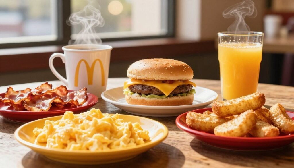 A mouth-watering display of McDonald's breakfast specials spread out on a rustic wooden table. In the foreground, there are fluffy scrambled eggs, crispy bacon strips, and warm, golden hash browns, all arranged attractively on vibrant red and yellow plates. A steaming cup of freshly brewed coffee and a refreshing orange juice sit to one side. In the middle ground, a classic McDonald's breakfast sandwich, featuring a fluffy biscuit and melted cheese, is prominently showcased. Soft morning sunlight filters through a nearby window, casting a warm glow over the entire scene, enhancing the inviting atmosphere. The background features light bokeh effects, with hints of a cozy diner environment for added depth. The overall mood is cheerful and appetizing, perfectly capturing the essence of a delightful morning meal. A mouth-watering display of McDonald's breakfast specials spread out on a rustic wooden table. In the foreground, there are fluffy scrambled eggs, crispy bacon strips, and warm, golden hash browns, all arranged attractively on vibrant red and yellow plates. A steaming cup of freshly brewed coffee and a refreshing orange juice sit to one side. In the middle ground, a classic McDonald's breakfast sandwich, featuring a fluffy biscuit and melted cheese, is prominently showcased. Soft morning sunlight filters through a nearby window, casting a warm glow over the entire scene, enhancing the inviting atmosphere. The background features light bokeh effects, with hints of a cozy diner environment for added depth. The overall mood is cheerful and appetizing, perfectly capturing the essence of a delightful morning meal.