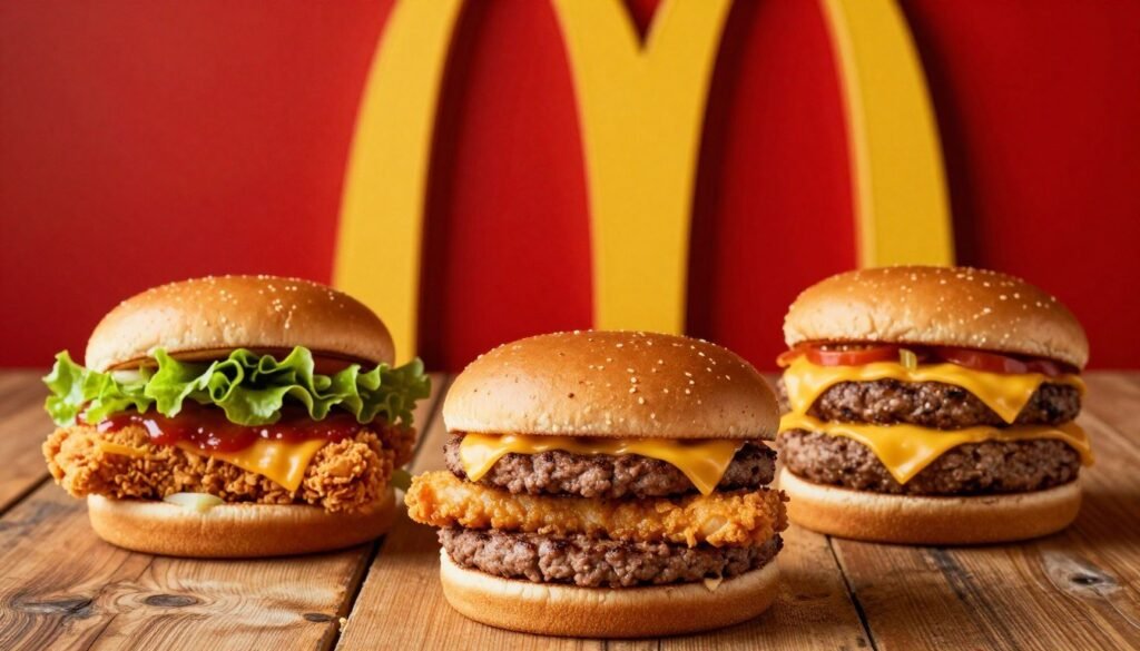 A tantalizing display of McDonald's Secret Menu burgers. In the foreground, highlight three unique burger creations: a "Land, Sea, and Air" burger stacked with a beef patty, fish fillet, and chicken filet, oozy cheese melting over the top. Beside it, the "Big McChicken" with crispy chicken patties replacing the beef, garnished with fresh lettuce and spicy sauce. The "Grilled Cheese" burger, featuring melted cheese between two burger buns, is showcased in mouth-watering detail. In the middle ground, a rustic wooden table with a vibrant red and yellow McDonald's backdrop, enhancing the iconic brand colors. Soft, warm lighting creates an inviting atmosphere, while a shallow depth of field keeps the focus on the burgers. Capture an overall mood of excitement and indulgence, encouraging viewers to explore these hidden menu treasures. A tantalizing display of McDonald's Secret Menu burgers. In the foreground, highlight three unique burger creations: a "Land, Sea, and Air" burger stacked with a beef patty, fish fillet, and chicken filet, oozy cheese melting over the top. Beside it, the "Big McChicken" with crispy chicken patties replacing the beef, garnished with fresh lettuce and spicy sauce. The "Grilled Cheese" burger, featuring melted cheese between two burger buns, is showcased in mouth-watering detail. In the middle ground, a rustic wooden table with a vibrant red and yellow McDonald's backdrop, enhancing the iconic brand colors. Soft, warm lighting creates an inviting atmosphere, while a shallow depth of field keeps the focus on the burgers. Capture an overall mood of excitement and indulgence, encouraging viewers to explore these hidden menu treasures.