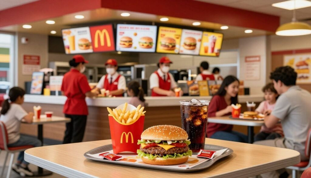 A vibrant McDonald's restaurant interior showcasing an enticing display of core menu items and fan favorites. In the foreground, a shiny wooden table holds a classic Big Mac, crispy fries, and a refreshing soda, garnished with ketchup packets. The middle ground features a bustling counter where employees in smart uniforms serve happy customers. In the background, colorful menu boards highlight daily specials and combo meals, lit by warm overhead lighting that creates an inviting atmosphere. The angle showcases the lively ambiance, with families and friends enjoying their meals. Soft focus enhances the coziness of the scene, emphasizing the iconic red and yellow color scheme. The mood is cheerful and welcoming, perfect for a community gathering spot. A vibrant McDonald's restaurant interior showcasing an enticing display of core menu items and fan favorites. In the foreground, a shiny wooden table holds a classic Big Mac, crispy fries, and a refreshing soda, garnished with ketchup packets. The middle ground features a bustling counter where employees in smart uniforms serve happy customers. In the background, colorful menu boards highlight daily specials and combo meals, lit by warm overhead lighting that creates an inviting atmosphere. The angle showcases the lively ambiance, with families and friends enjoying their meals. Soft focus enhances the coziness of the scene, emphasizing the iconic red and yellow color scheme. The mood is cheerful and welcoming, perfect for a community gathering spot.