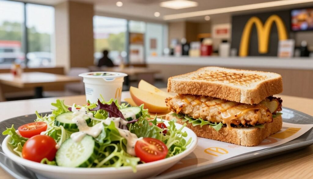 A vibrant and appetizing display of McDonald's healthier menu options, featuring a colorful salad with fresh greens, cherry tomatoes, cucumbers, and a light vinaigrette dressing in the foreground. A grilled chicken sandwich on whole grain bread, complemented by apple slices and a small container of low-fat yogurt, is arranged neatly in the middle. In the background, a bright McDonald's restaurant interior is visible, showcasing modern decor and a welcoming atmosphere. The scene is well-lit with natural light streaming in through large windows, creating a warm and inviting ambiance. A shallow depth of field focuses on the food items, emphasizing their freshness and appeal.