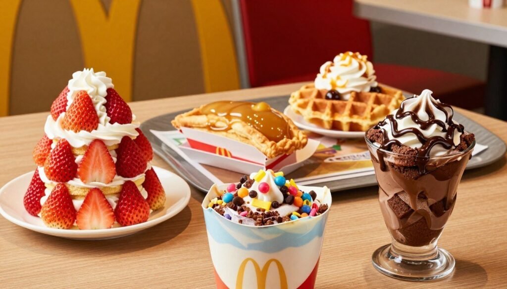 A vibrant, close-up view of a selection of McDonald's secret dessert menu items displayed on a wooden table. The foreground features a decadent McFlurry with colorful toppings and a warm, gooey brownie sundae drizzled with chocolate sauce. To the left, an aesthetically pleasing strawberry shortcake stacked high, garnished with fresh strawberries and whipped cream. In the middle ground, a stylish McDonald's dessert tray adorned with unique, off-menu items like a secret caramel apple pie and a crispy waffle with sweet toppings. The background features a cozy McDonald's interior with soft yellow and red hues, creating a warm and inviting atmosphere. The lighting is bright, highlighting the glossy textures of the desserts, while the angle captures a slightly elevated perspective, inviting the viewer to indulge. A vibrant, close-up view of a selection of McDonald's secret dessert menu items displayed on a wooden table. The foreground features a decadent McFlurry with colorful toppings and a warm, gooey brownie sundae drizzled with chocolate sauce. To the left, an aesthetically pleasing strawberry shortcake stacked high, garnished with fresh strawberries and whipped cream. In the middle ground, a stylish McDonald's dessert tray adorned with unique, off-menu items like a secret caramel apple pie and a crispy waffle with sweet toppings. The background features a cozy McDonald's interior with soft yellow and red hues, creating a warm and inviting atmosphere. The lighting is bright, highlighting the glossy textures of the desserts, while the angle captures a slightly elevated perspective, inviting the viewer to indulge.