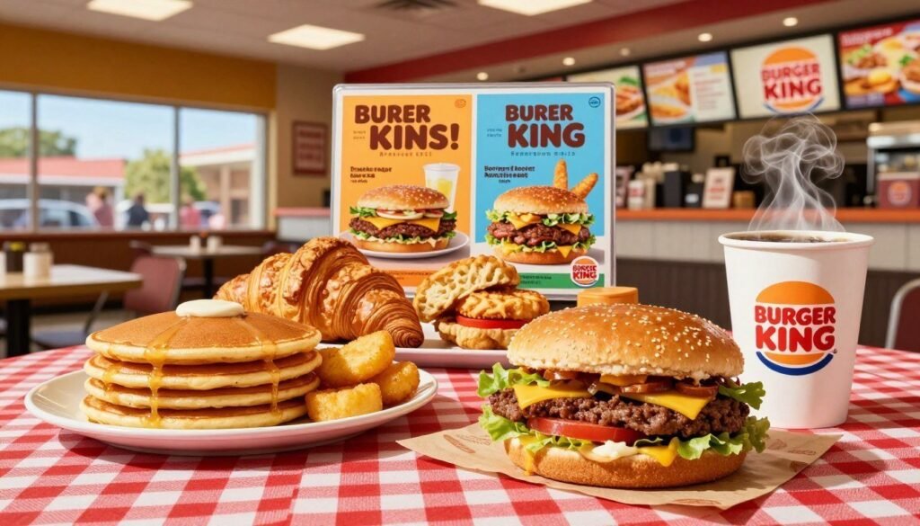 A vibrant depiction of a Burger King breakfast meal, featuring a variety of enticing breakfast options like pancakes, hash browns, and croissants stacked on a red-checkered tablecloth. In the foreground, a steaming cup of coffee sits next to a delicious-looking breakfast sandwich, its ingredients vividly displayed. The middle ground showcases a colorful display of promotional posters featuring the latest breakfast deals, along with an array of side items arranged artfully. The background presents a bright and welcoming Burger King restaurant interior, with warm, natural lighting highlighting the cleanliness and inviting atmosphere. The scene has a cheerful and appetizing mood, making it perfect for enticing customers to try the breakfast menu. Use a slightly elevated angle for a dynamic view of the breakfast spread. A vibrant depiction of a Burger King breakfast meal, featuring a variety of enticing breakfast options like pancakes, hash browns, and croissants stacked on a red-checkered tablecloth. In the foreground, a steaming cup of coffee sits next to a delicious-looking breakfast sandwich, its ingredients vividly displayed. The middle ground showcases a colorful display of promotional posters featuring the latest breakfast deals, along with an array of side items arranged artfully. The background presents a bright and welcoming Burger King restaurant interior, with warm, natural lighting highlighting the cleanliness and inviting atmosphere. The scene has a cheerful and appetizing mood, making it perfect for enticing customers to try the breakfast menu. Use a slightly elevated angle for a dynamic view of the breakfast spread.