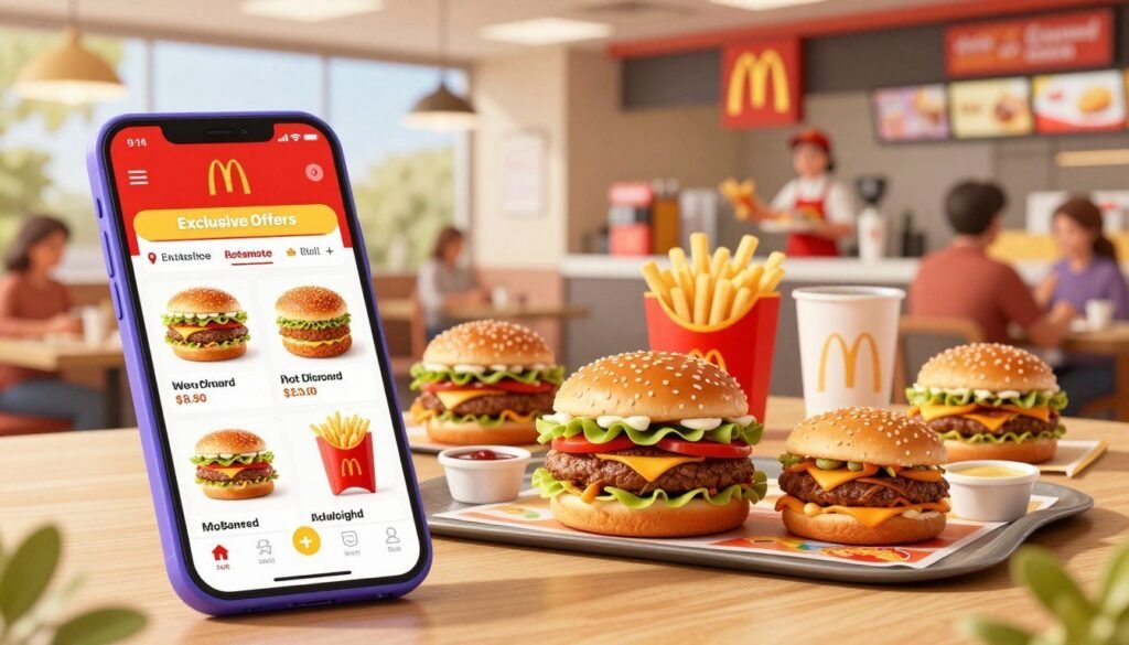 A vibrant digital illustration showcasing McDonald's App Exclusive Offers. In the foreground, a colorful smartphone displays the McDonald's app interface with enticing food images, like burgers and fries, appearing on the screen. In the middle, several appetizing menu items are presented on a wooden table, beautifully arranged with dipping sauces and promotional banners subtly hinting at app-exclusive deals. The background features a modern McDonald's setting, with soft-focus elements such as the iconic logo, cheerful staff serving customers, and bright, inviting decor. The lighting is warm and cheerful, suggesting a friendly atmosphere conducive to dining. Capture the excitement and appeal of discovering delicious deals through the app, evoking a sense of enjoyment and discovery. A vibrant digital illustration showcasing McDonald's App Exclusive Offers. In the foreground, a colorful smartphone displays the McDonald's app interface with enticing food images, like burgers and fries, appearing on the screen. In the middle, several appetizing menu items are presented on a wooden table, beautifully arranged with dipping sauces and promotional banners subtly hinting at app-exclusive deals. The background features a modern McDonald's setting, with soft-focus elements such as the iconic logo, cheerful staff serving customers, and bright, inviting decor. The lighting is warm and cheerful, suggesting a friendly atmosphere conducive to dining. Capture the excitement and appeal of discovering delicious deals through the app, evoking a sense of enjoyment and discovery.