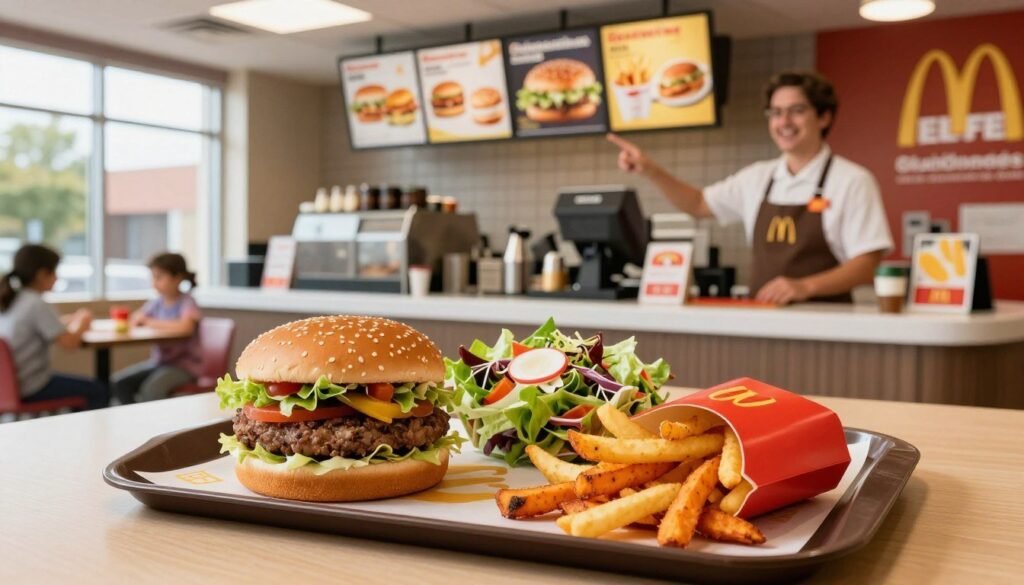 A vibrant, inviting scene showcasing gluten-free fast food options at McDonald's. In the foreground, a neatly arranged tray displaying a gluten-free burger, fresh salad, and sweet potato fries, beautifully presented. The middle ground features a McDonald's counter with a friendly staff member wearing a professional uniform, smiling while pointing at the gluten-free options on the menu board. In the background, the iconic McDonald's interior with bright colors and casual family-friendly seating adds a welcoming atmosphere. Soft, natural lighting pours in from large windows, creating a warm and inviting feel. The angle is slightly overhead, emphasizing the food presentation and the vibrant ambience, while maintaining a sense of approachability and excitement around enjoying gluten-free choices.