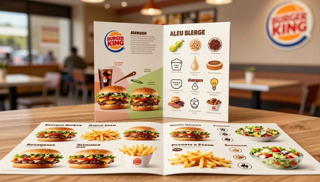 A visually appealing and informative Burger King allergen guide, designed for clarity. The foreground features a well-organized table displaying a vibrant assortment of food items, including burgers, fries, and salads, labeled with allergen icons specifically for nut allergies. In the middle, a neatly arranged allergen guide pamphlet is partially opened, showcasing colorful graphics and clear visual distinctions for allergens. The background softly blurs a Burger King restaurant interior, providing context without distraction. Natural, warm lighting highlights the food items and pamphlet, creating an inviting atmosphere. Capture the scene from a slightly elevated angle to emphasize the guide’s details and the food's freshness, fostering a sense of safety and inclusivity for diners with nut allergies. A visually appealing and informative Burger King allergen guide, designed for clarity. The foreground features a well-organized table displaying a vibrant assortment of food items, including burgers, fries, and salads, labeled with allergen icons specifically for nut allergies. In the middle, a neatly arranged allergen guide pamphlet is partially opened, showcasing colorful graphics and clear visual distinctions for allergens. The background softly blurs a Burger King restaurant interior, providing context without distraction. Natural, warm lighting highlights the food items and pamphlet, creating an inviting atmosphere. Capture the scene from a slightly elevated angle to emphasize the guide’s details and the food's freshness, fostering a sense of safety and inclusivity for diners with nut allergies.
