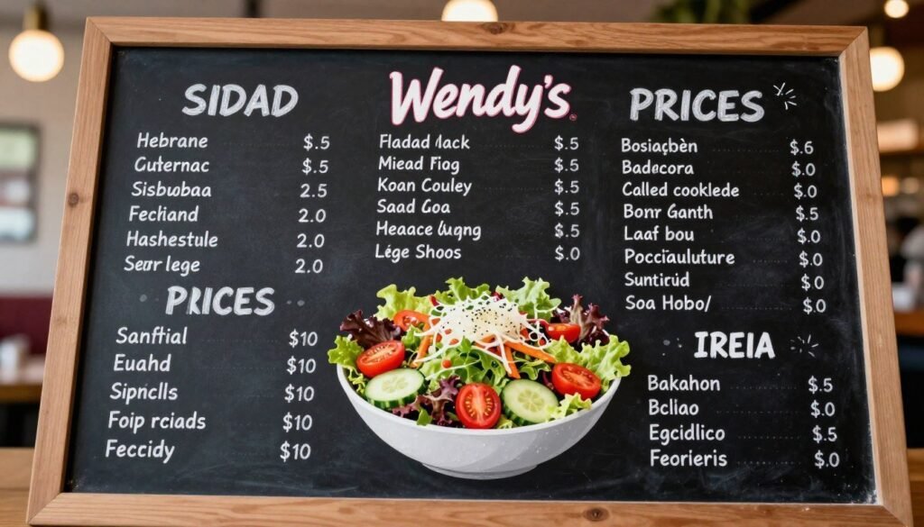 A visually appealing illustration of Wendy's salad prices displayed on an elegant chalkboard menu. In the foreground, a detailed chalkboard with neatly written prices of various salads, including prices for side salads and larger, meal-sized options. The menu items should be arranged clearly, showcasing the fresh ingredients in each salad. In the middle, a beautifully arranged salad bowl filled with vibrant mixed greens, cherry tomatoes, cucumbers, and other fresh toppings, reflecting the quality of Wendy's salads. The background should be softly blurred, suggesting a cozy restaurant environment, with warm ambient lighting that adds a welcoming mood. Use a slight overhead angle for a balanced perspective, highlighting both the menu details and the tantalizing imagery of the salad. The overall atmosphere should feel fresh, inviting, and appetizing.