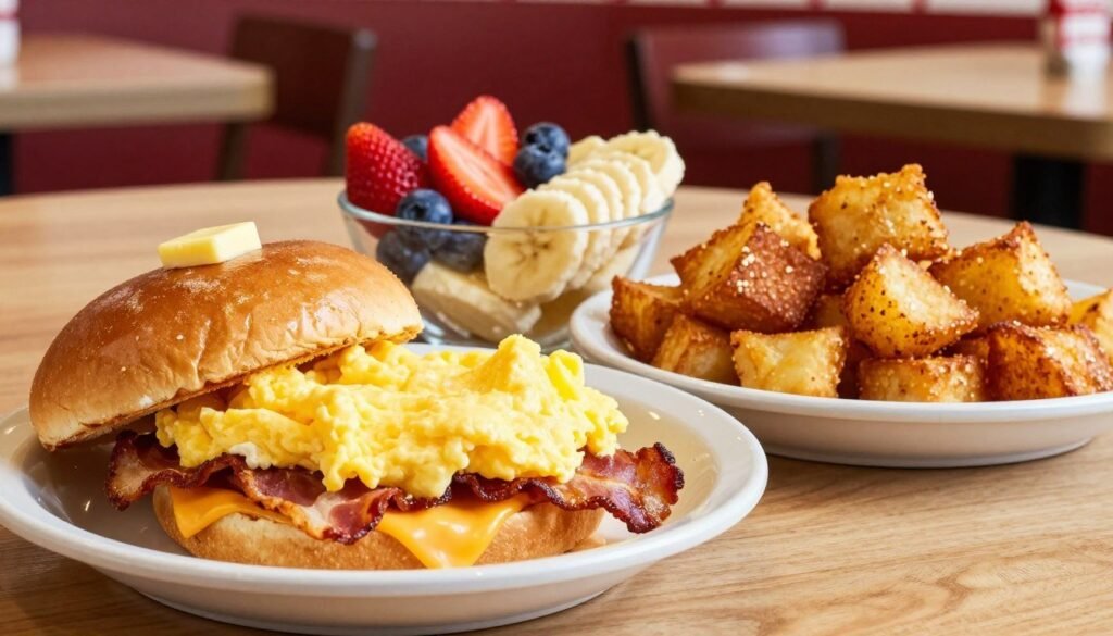 A beautifully arranged breakfast spread from Five Guys, showcasing their signature breakfast items. In the foreground, a steaming, fluffy scrambled egg sandwich with crispy bacon and melted cheese, its golden bread glistening with fresh butter. Beside it, a generous portion of golden-brown hash browns, perfectly fried and crispy. In the middle, a bright, appetizing display of a colorful fruit bowl with strawberries, blueberries, and banana slices, complementing the savory items. The background features a warm, inviting restaurant setting, with wooden tables and Five Guys branding subtly visible. Soft, natural lighting illuminates the scene, creating a cozy and welcoming atmosphere. The angle captures the delectable details of the food, enticing the viewer to experience this delicious breakfast.