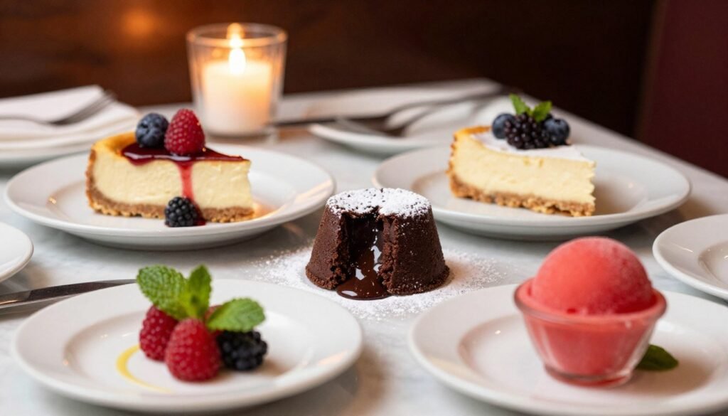 A beautifully arranged table showcasing a selection of Chili's gluten-free desserts, featuring a rich chocolate lava cake with a molten center, a creamy cheesecake topped with fresh berries, and a refreshing sorbet in vibrant colors. In the foreground, focus on the desserts with delicate garnishes, such as mint leaves and a dusting of powdered sugar. The middle ground displays elegant plates and cutlery, suggesting a fine dining experience. The background includes a softly blurred interior of a Chili's restaurant, illuminated by warm candlelight, creating an inviting atmosphere. Use a shallow depth of field to emphasize the desserts, capturing them with a slight overhead angle, evoking a sense of indulgence and delight. A beautifully arranged table showcasing a selection of Chili's gluten-free desserts, featuring a rich chocolate lava cake with a molten center, a creamy cheesecake topped with fresh berries, and a refreshing sorbet in vibrant colors. In the foreground, focus on the desserts with delicate garnishes, such as mint leaves and a dusting of powdered sugar. The middle ground displays elegant plates and cutlery, suggesting a fine dining experience. The background includes a softly blurred interior of a Chili's restaurant, illuminated by warm candlelight, creating an inviting atmosphere. Use a shallow depth of field to emphasize the desserts, capturing them with a slight overhead angle, evoking a sense of indulgence and delight.