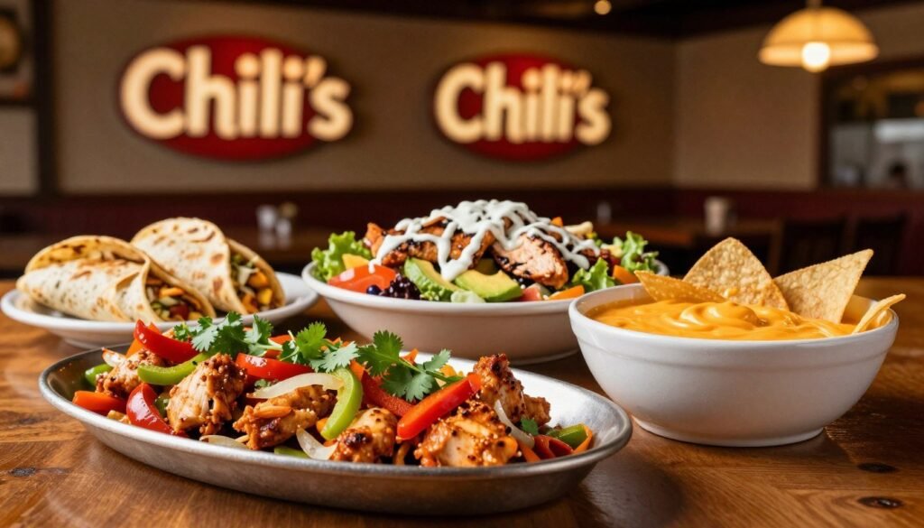 A beautifully arranged table showcasing a variety of Chili's entree options from the 2 for $25 menu. In the foreground, a sizzling platter of chicken fajitas with vibrant bell peppers and onions, garnished with fresh cilantro. Next to it, a tempting bowl of creamy queso and chips. In the middle ground, display a colorful salad topped with grilled chicken, avocado, and a drizzle of ranch dressing. In the background, soft-focus images of Chili's logo and warm lighting that enhances the inviting atmosphere of a casual dining experience. The scene should capture a cozy yet lively restaurant vibe, emphasizing the delicious and diverse fare of the menu. Use a warm color palette with a slight vignette effect to create an appetizing mood, shot at a 45-degree angle to add depth.