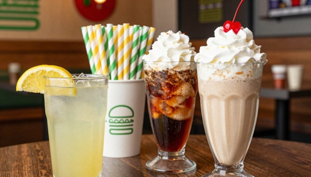 A close-up view of a table filled with an appealing selection of Shake Shack beverages. In the foreground, a frosty glass of creamy Shack Shake topped with whipped cream and a cherry, alongside a colorful, dripping float made with soda and ice cream in a tall glass. A smaller glass of fresh lemonade with lemon slices sits to the side, its condensation glistening. The middle ground features a vibrant selection of paper straws, showcasing the brand's iconic colors. The background subtly hints at a Shake Shack restaurant ambiance with warm lighting, wooden accents, and playful decor, creating a lively yet cozy atmosphere. The scene is shot from a slightly elevated angle, capturing the details in sharp focus, inviting the viewer into the delightful experience of enjoying these refreshing drinks.