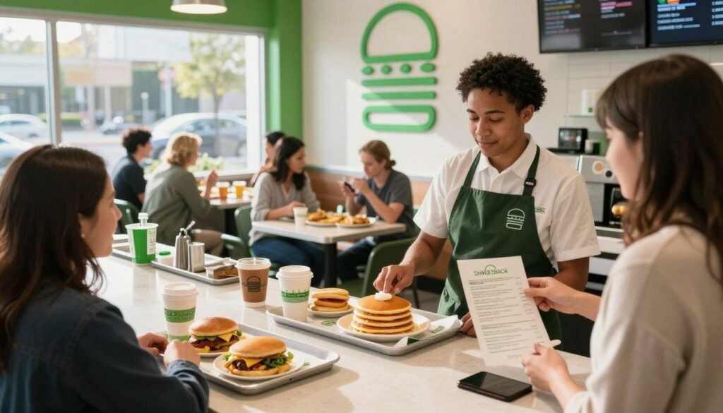 A cozy Shake Shack restaurant interior during breakfast hours, showcasing a variety of breakfast items on the counter, including fluffy pancakes, breakfast sandwiches, and coffee. In the foreground, a friendly staff member in a Shake Shack uniform interacts with a customer who is pointing at the menu. The middle ground features tables with patrons enjoying their meals, creating a warm, inviting atmosphere. The background shows large windows letting in soft morning sunlight, illuminating the bright green decor typical of Shake Shack. The scene conveys a sense of community and satisfaction, capturing the essence of breakfast availability at Shake Shack. The composition is balanced, with a slight overhead angle to encompass the vibrant environment.