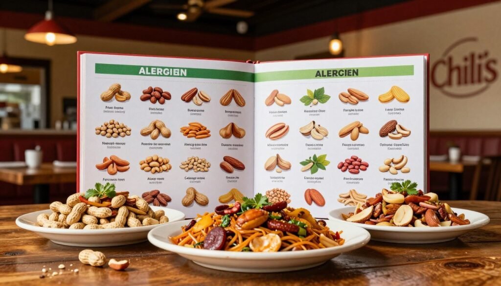 A detailed, colorful, and informative allergen guide from Chili's, showcasing a variety of nuts including peanuts, tree nuts, and their substitutes. In the foreground, a beautifully arranged plate of Chili's signature dishes free from nuts, prominently displayed on a rustic wooden table. In the middle, an open guide featuring vibrant illustrations of nuts with clear icons indicating allergen-free options. The background should include a cozy restaurant setting with soft ambient lighting, wooden beams, and a hint of Chili's branding elements, like a subtle logo in the corner. The overall atmosphere is inviting and reassuring, emphasizing safety and delicious dining. A detailed, colorful, and informative allergen guide from Chili's, showcasing a variety of nuts including peanuts, tree nuts, and their substitutes. In the foreground, a beautifully arranged plate of Chili's signature dishes free from nuts, prominently displayed on a rustic wooden table. In the middle, an open guide featuring vibrant illustrations of nuts with clear icons indicating allergen-free options. The background should include a cozy restaurant setting with soft ambient lighting, wooden beams, and a hint of Chili's branding elements, like a subtle logo in the corner. The overall atmosphere is inviting and reassuring, emphasizing safety and delicious dining.