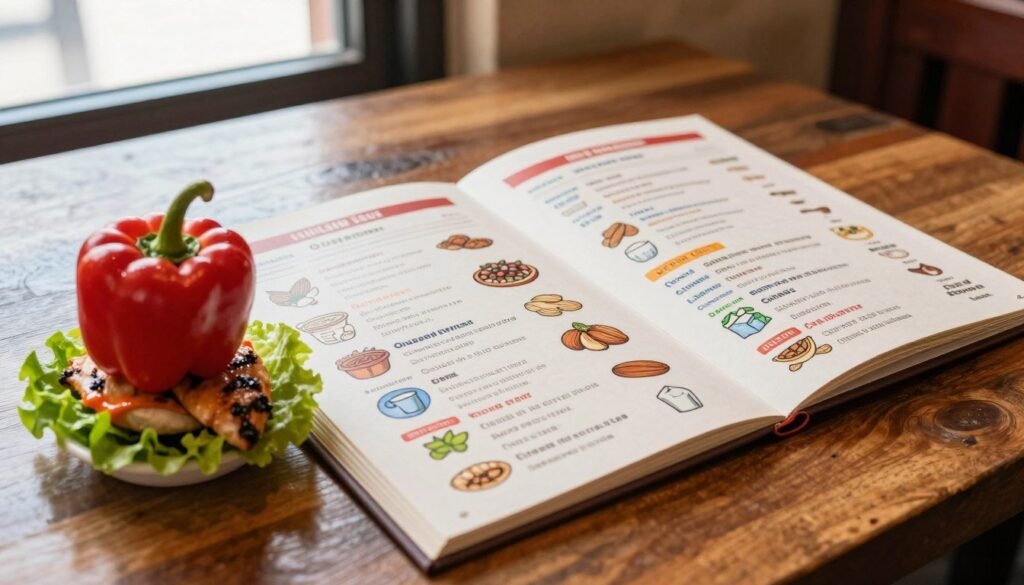 A detailed view of Chili's allergen menu displayed prominently on a wooden table. The menu should be open, showcasing colorful icons representing different allergens like gluten, nuts, and dairy, arranged in a clear, easy-to-read format. In the foreground, a small stack of vibrant ingredients like fresh peppers, lettuce, and grilled chicken is artfully placed beside the menu, hinting at the delicious choices available. Soft, natural lighting filters in from an unseen window in the background, creating a warm and inviting atmosphere. The setting should convey a casual dining experience, highlighting a welcoming restaurant ambiance with subtle hints of Chili's decor, such as rustic elements and a cozy feel. The angle should be slightly above the table level, capturing both the menu and the inviting ingredients. A detailed view of Chili's allergen menu displayed prominently on a wooden table. The menu should be open, showcasing colorful icons representing different allergens like gluten, nuts, and dairy, arranged in a clear, easy-to-read format. In the foreground, a small stack of vibrant ingredients like fresh peppers, lettuce, and grilled chicken is artfully placed beside the menu, hinting at the delicious choices available. Soft, natural lighting filters in from an unseen window in the background, creating a warm and inviting atmosphere. The setting should convey a casual dining experience, highlighting a welcoming restaurant ambiance with subtle hints of Chili's decor, such as rustic elements and a cozy feel. The angle should be slightly above the table level, capturing both the menu and the inviting ingredients.