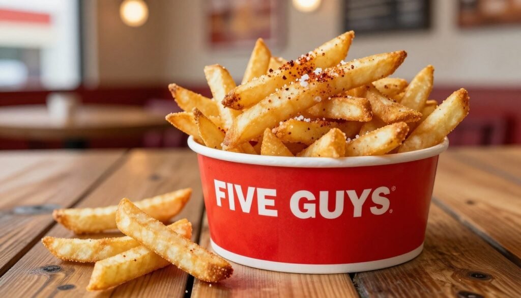 A heaping serving of Five Guys fries, perfectly golden and crispy, sits in a red-striped paper cup, placed prominently in the foreground. Some fries spill out onto a rustic wooden table, emphasizing their texture and freshness. In the background, a blurred view of a bright, casual restaurant setting with warm lighting creates a cozy atmosphere. The focus is sharp on the fries, showcasing their delicious, thick-cut appearance sprinkled with sea salt and a hint of Cajun seasoning, evoking a mouthwatering sensation. The scene is captured from a slightly overhead angle, inviting the viewer to indulge in the vibrant colors and tempting presentation of these iconic fries.