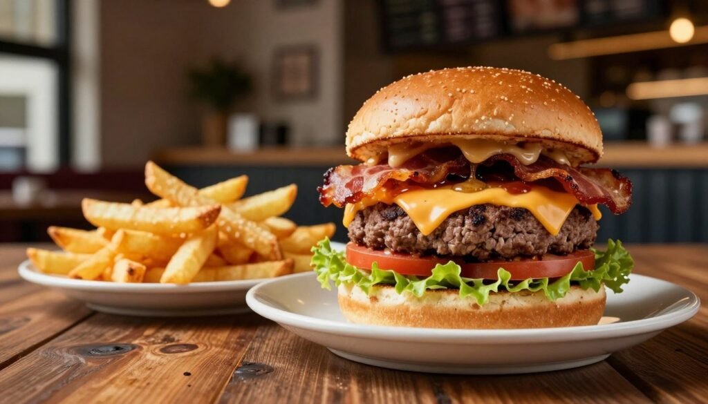 A lavish setup featuring an exclusive burger known as the "Presidential Burger," beautifully plated in the foreground. This gourmet burger is stacked high with a juicy beef patty, crisp lettuce, ripe tomato, savory bacon, melted cheddar cheese, and a special sauce, all nestled in a freshly baked brioche bun. Accompany it with a side of golden, crispy fries artfully arranged on a rustic wooden table. In the middle ground, a blurred hint of a modern restaurant interior provides a sophisticated ambiance. The background showcases warm and inviting lighting, enhancing the luxurious feel of the scene. Capture the image from a slight overhead angle with a soft focus, creating a mouthwatering and upscale atmosphere that illustrates the indulgence of gourmet burgers.