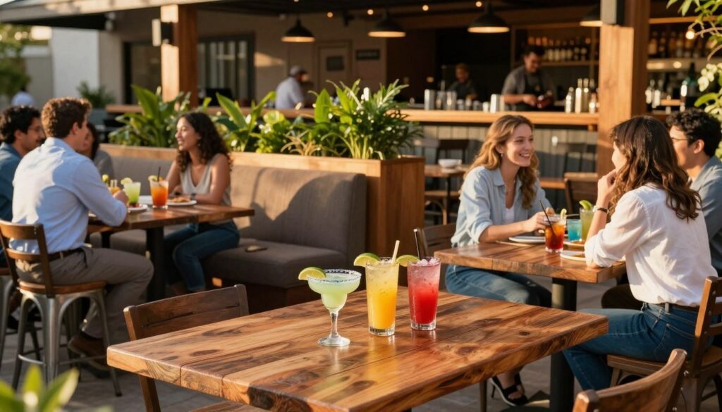 A lively and inviting Chili's Happy Hour seating area during golden hour. In the foreground, a beautifully set, rustic wooden table with colorful drink specials, including vibrant margaritas and cocktails garnished with lime slices. Stylish guests dressed in casual yet professional attire are engaged in friendly conversation, embodying a relaxed atmosphere. The middle layer features cheerful bar stools and a cozy booth, complete with lush green plants and warm wooden accents that create a welcoming environment. In the background, a faint glow from hanging pendant lights illuminates the bar area, where bartenders prepare drinks. Soft ambient light enhances the overall mood, fostering a sense of camaraderie and enjoyment, perfect for a Happy Hour experience. A lively and inviting Chili's Happy Hour seating area during golden hour. In the foreground, a beautifully set, rustic wooden table with colorful drink specials, including vibrant margaritas and cocktails garnished with lime slices. Stylish guests dressed in casual yet professional attire are engaged in friendly conversation, embodying a relaxed atmosphere. The middle layer features cheerful bar stools and a cozy booth, complete with lush green plants and warm wooden accents that create a welcoming environment. In the background, a faint glow from hanging pendant lights illuminates the bar area, where bartenders prepare drinks. Soft ambient light enhances the overall mood, fostering a sense of camaraderie and enjoyment, perfect for a Happy Hour experience.