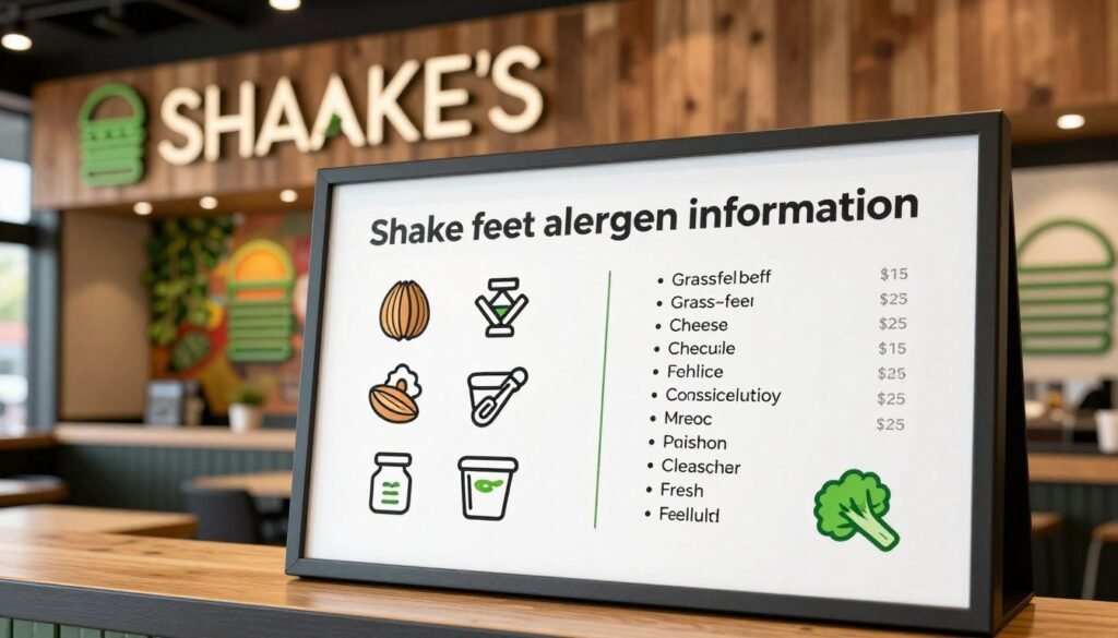 A professional and informative representation of "Shake Shack allergen information" displayed clearly on a modern menu board. In the foreground, detailed allergen icons (like nut, gluten, dairy symbols) are artistically arranged, alongside a simplified list of ingredients such as grass-fed beef, cheese, and fresh vegetables. The middle layer features a well-lit, engaging backdrop of a stylish Shake Shack interior, showcasing wood finishes and vibrant decor. Soft, natural lighting highlights the menu board, creating a welcoming atmosphere. The image is captured from a slightly elevated angle to emphasize the content on the board while still revealing the context of the restaurant ambiance. The overall mood is informative yet friendly, suited for a nutrition guide article.
