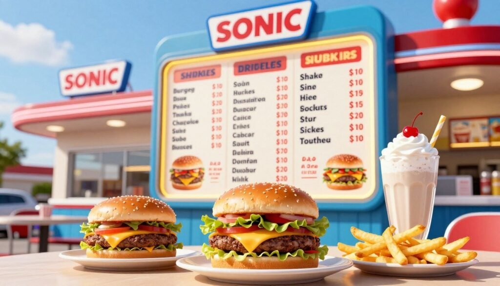 A vibrant and appealing image showcasing a Sonic drive-in menu board displaying prices for popular items like burgers, shakes, and other favorites. In the foreground, include colorful images of a classic cheeseburger, a creamy milkshake topped with whipped cream and a cherry, and sides like fries, all artfully arranged on a table. In the middle, a large, illuminated menu board with appetizing visuals and clear price listings, adorned with Sonic's signature colors of red, yellow, and blue. In the background, a bright, sunny day with a Sonic drive-in restaurant, featuring retro architecture. Use warm lighting to create a welcoming atmosphere, focusing on a slightly angled view that captures both the menu board and the delicious food. The overall mood should be lively and inviting, perfect for a quick meal with friends or family.