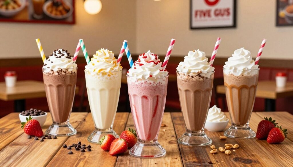 A vibrant and enticing scene showcasing an array of Five Guys milkshake flavors. In the foreground, five tall, clear cups filled with thick, creamy milkshakes in different colors and textures—chocolate, vanilla, strawberry, coffee, and peanut butter—each topped with whipped cream and colorful straws. The middle section features a rustic wooden table scattered with fresh ingredients and toppings like chocolate chips, strawberries, and whipped cream, enhancing the indulgence. In the background, a softly blurred Five Guys restaurant interior with warm, inviting lighting, showcasing a cozy atmosphere ideal for enjoying a treat. The overall mood is cheerful and appetizing, highlighting the delicious options available with rich colors and textures that draw the viewer in.
