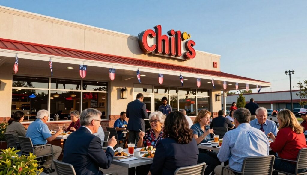 A vibrant and inviting Chili's restaurant exterior, bustling with activity, during the day. In the foreground, a diverse group of patrons of different ages and backgrounds, dressed in professional business attire and casual clothing, enjoying their meals on the outdoor patio. In the middle ground, the iconic Chili’s sign is prominently displayed, along with decorations honoring Veterans Day, such as flags and small banners. In the background, a clear blue sky casts soft, warm sunlight on the scene, creating a cheerful atmosphere. The angle is slightly elevated for a comprehensive view, emphasizing the celebratory vibe of the restaurant as a welcoming space for Veterans Day. The image conveys a sense of community, gratitude, and festivity. A vibrant and inviting Chili's restaurant exterior, bustling with activity, during the day. In the foreground, a diverse group of patrons of different ages and backgrounds, dressed in professional business attire and casual clothing, enjoying their meals on the outdoor patio. In the middle ground, the iconic Chili’s sign is prominently displayed, along with decorations honoring Veterans Day, such as flags and small banners. In the background, a clear blue sky casts soft, warm sunlight on the scene, creating a cheerful atmosphere. The angle is slightly elevated for a comprehensive view, emphasizing the celebratory vibe of the restaurant as a welcoming space for Veterans Day. The image conveys a sense of community, gratitude, and festivity.
