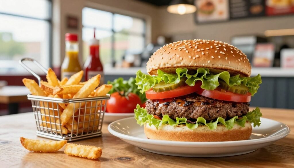 A vibrant and inviting scene of gluten-free fast food, focusing on a meticulously prepared meal showcasing a juicy, gluten-free burger stacked with fresh lettuce, ripe tomatoes, and crisp pickles, placed on a wooden table. In the foreground, a side of golden, crispy gluten-free fries in a small metal basket. The middle ground includes an array of colorful ingredients, such as gluten-free condiments and fresh vegetables, arranged neatly. In the background, a bright, modern fast-food restaurant setting with soft lighting and natural daylight streaming through large windows, creating a cheerful and safe atmosphere. The overall mood conveys a sense of enjoyment and safety, emphasizing the importance of gluten-free dining without cross-contamination. The image captures the essence of fast food made accessible for those with dietary restrictions, showcasing culinary care and attention to detail.