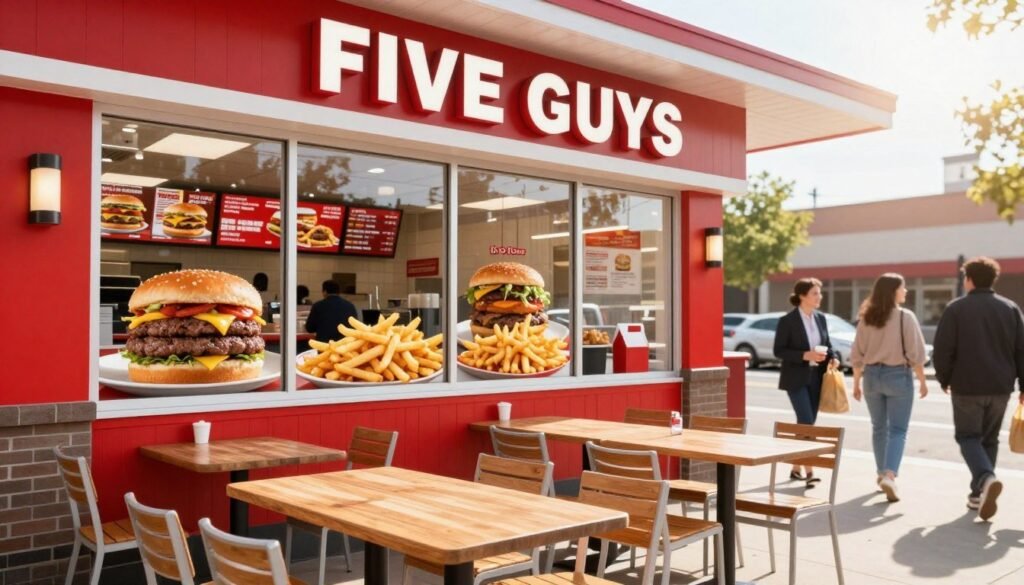 A vibrant and welcoming Five Guys restaurant exterior, showcasing its signature red and white color scheme. In the foreground, a neatly arranged outdoor seating area with wooden tables and chairs, perfect for enjoying burgers and fries. The middle ground features large glass windows displaying the tantalizing menu items inside, emphasizing juicy burgers stacked high with toppings and crispy golden fries. In the background, the bustling street scene with people casually walking by, some holding takeaway bags, all dressed in professional attire or casual clothing, suggesting a lively dining atmosphere. The image should be bathed in warm, natural light, with a slight lens flare effect simulating a sunny day, capturing the enticing and family-friendly vibe of Five Guys locations.